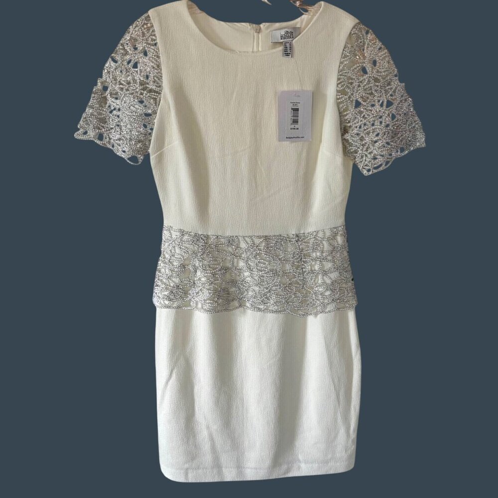 Belle Badgley Mischka Kamila Ivory Sheath Dress Silver Metallic Lace Size 6 NEW